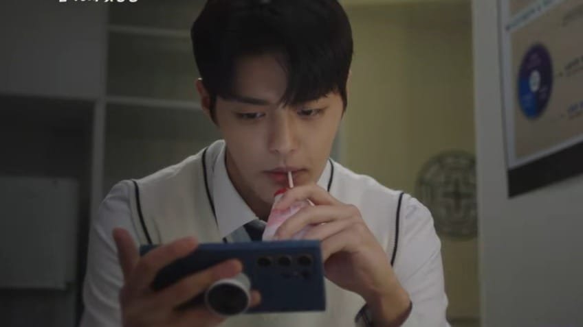 Park Soo Oh drinking strawberry milk