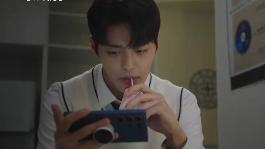 Park Soo Oh drinking strawberry milk